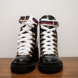 Gucci Sylvie Web Leather Ankle Boot